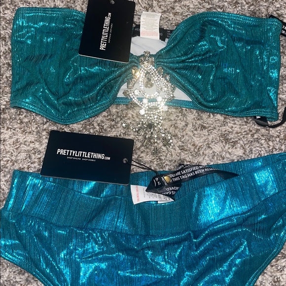 Teal Metallic Jewelled Bow Bikini Top and ruched bottom pretty little thing PLT - Picture 6 of 7
